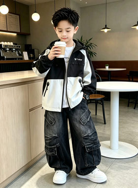 男童风衣裤子套装儿童连帽拼色外套户外时尚洋气工装牛仔裤两件套