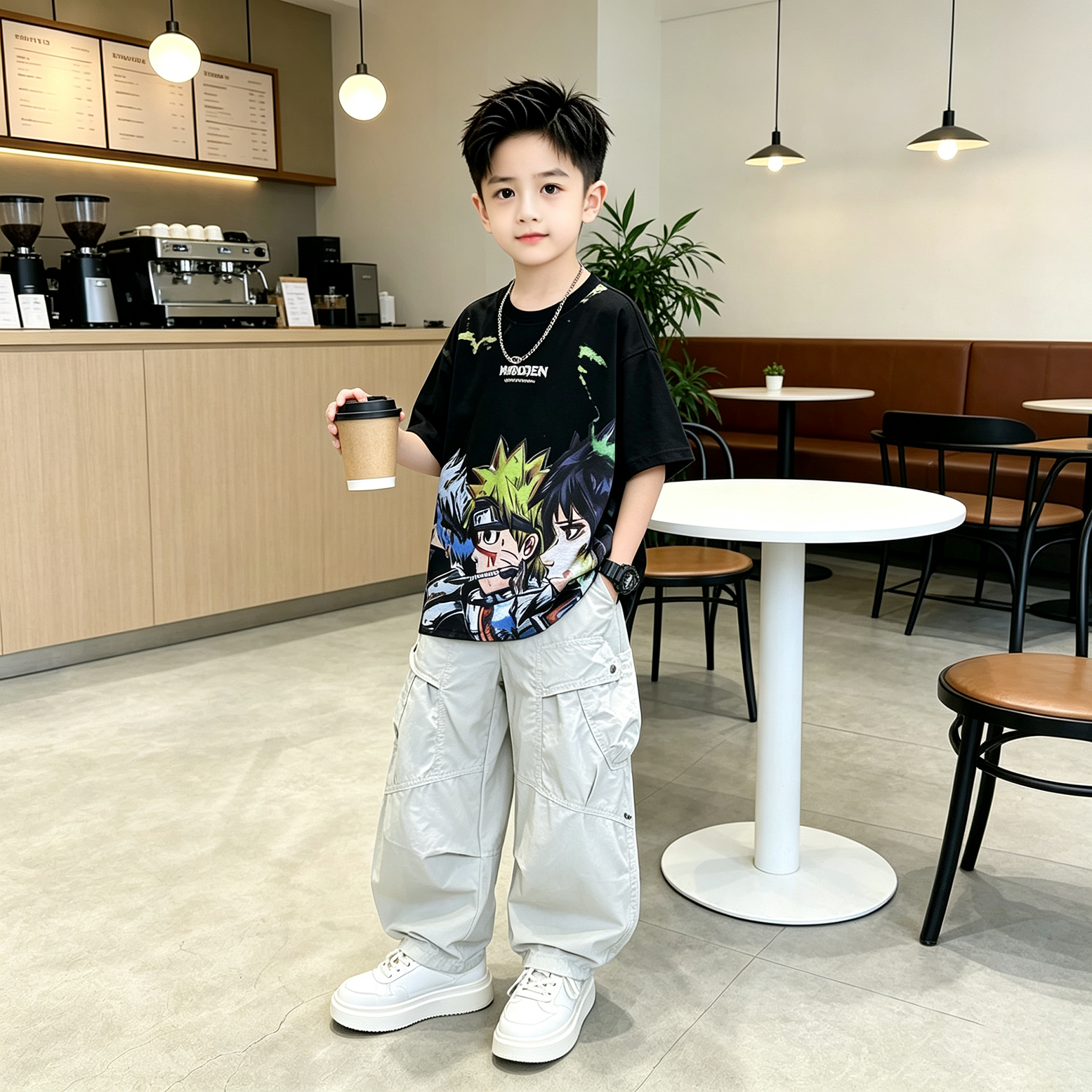 男童夏季卡通动漫印花两件套休闲痞帅洋气时髦短袖T恤长裤薄款套