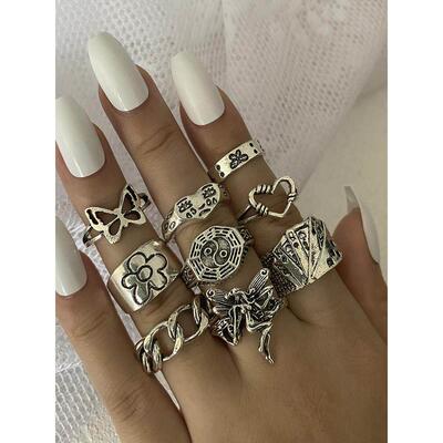 Skull Ring set of 7 pieces rings覆古个性夸张骷髅猫头鹰戒指潮