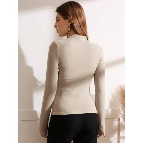 Solid Color Slim Fit Pleated Long Sleeve T-shirt Women