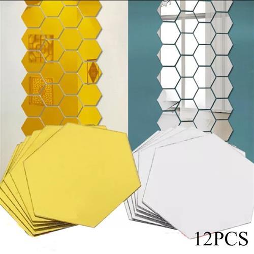 12pcs 3D Mirror Wall ers Hexagon Shape Acrylic Removable Wal