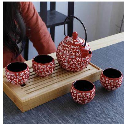 Chinese red ceramic wedding tea set suit creative wedding