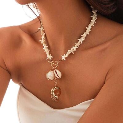 Beach Style Beaded Shell Starfish Pendant Necklace Women