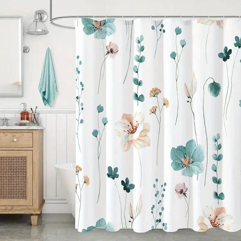1pc Modern Watercolor Floral Shower Curtain Set with Hooks -