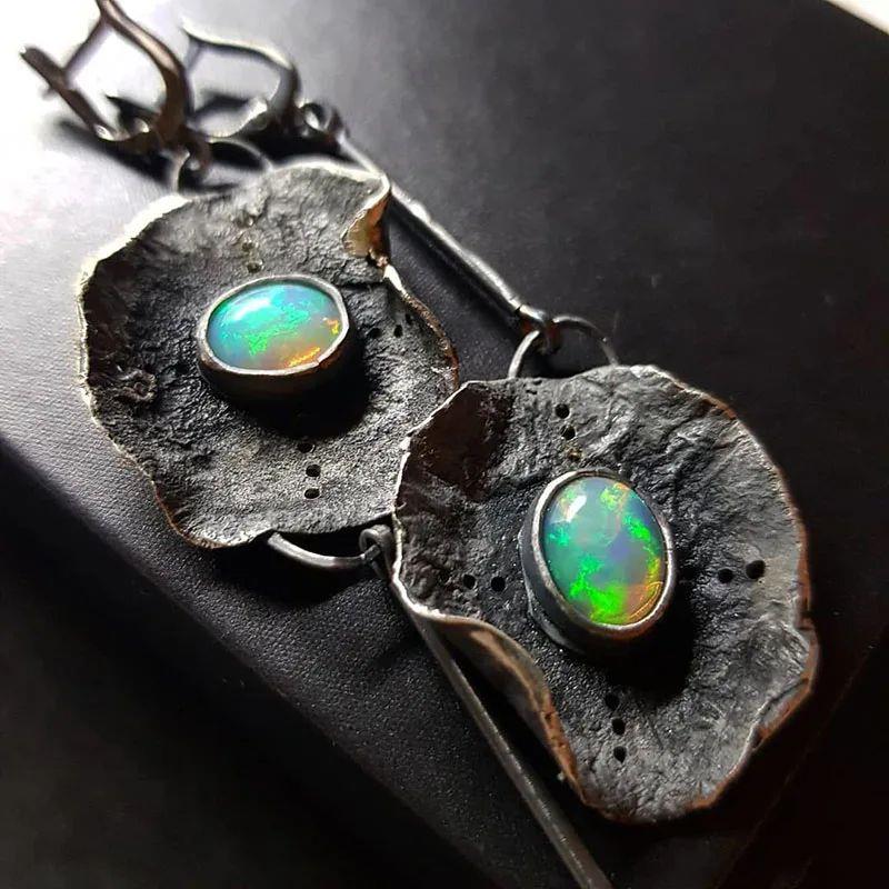 Vintage Fire Opal Stone Drop Dangle Earrings Asymmetry Long