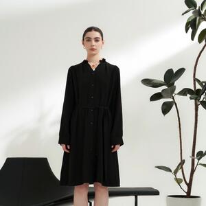 PATAVINITY赫本风腰部绑带长袖连衣裙女春秋通勤显瘦收腰中长裙子