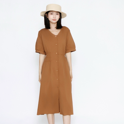 PATAVINITY文艺范V领收腰单排扣连衣裙女夏季A字基础款中长款裙子