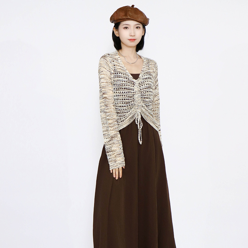 PATAVINITY复古慵懒风两件套针织衫女秋季吊带背心无袖连衣裙套装