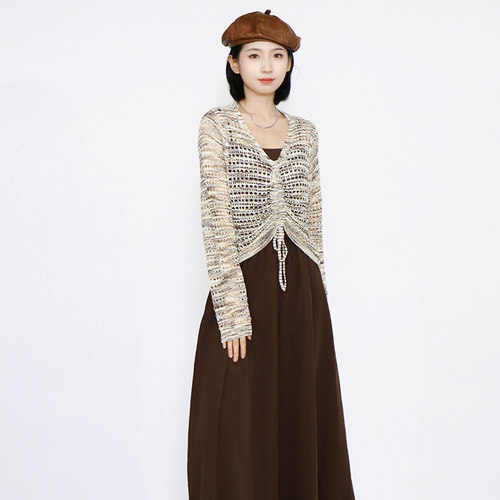 PATAVINITY复古慵懒风两件套针织衫女秋季吊带背心无袖连衣裙套装