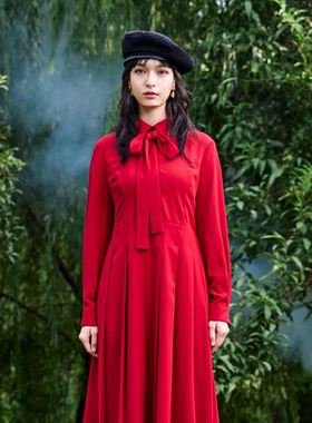 PATAVINITY红色蝴蝶结礼服气质修身中长款连衣裙女秋冬显瘦法式裙