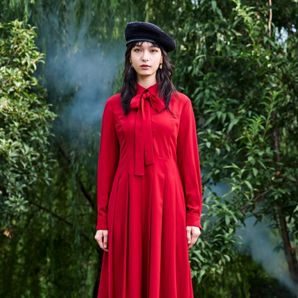PATAVINITY红色蝴蝶结礼服气质修身中长款连衣裙女秋冬显瘦法式裙
