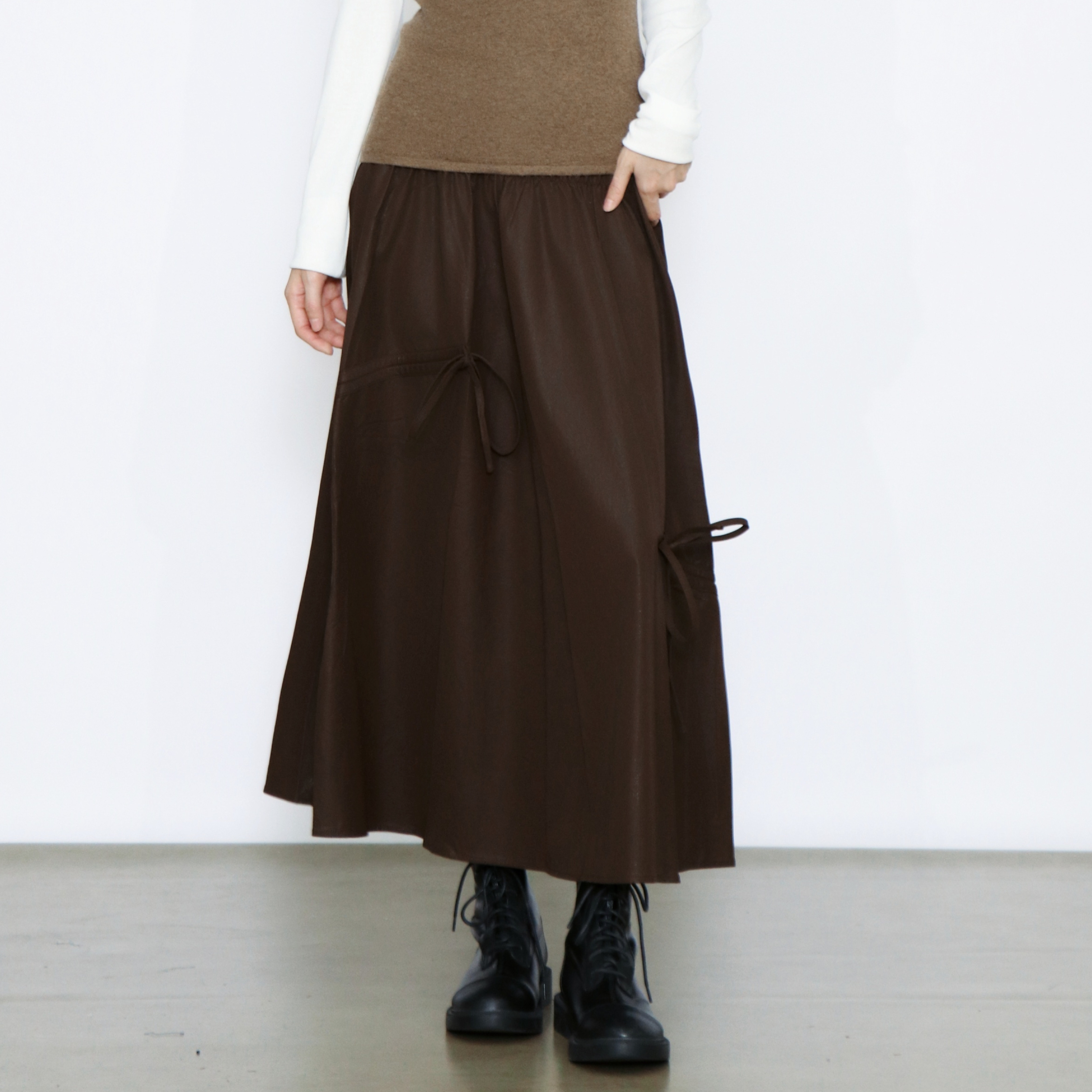 PATAVINITY蝴蝶结拼接半身裙女秋季复古高腰宽松中长款A字裙子