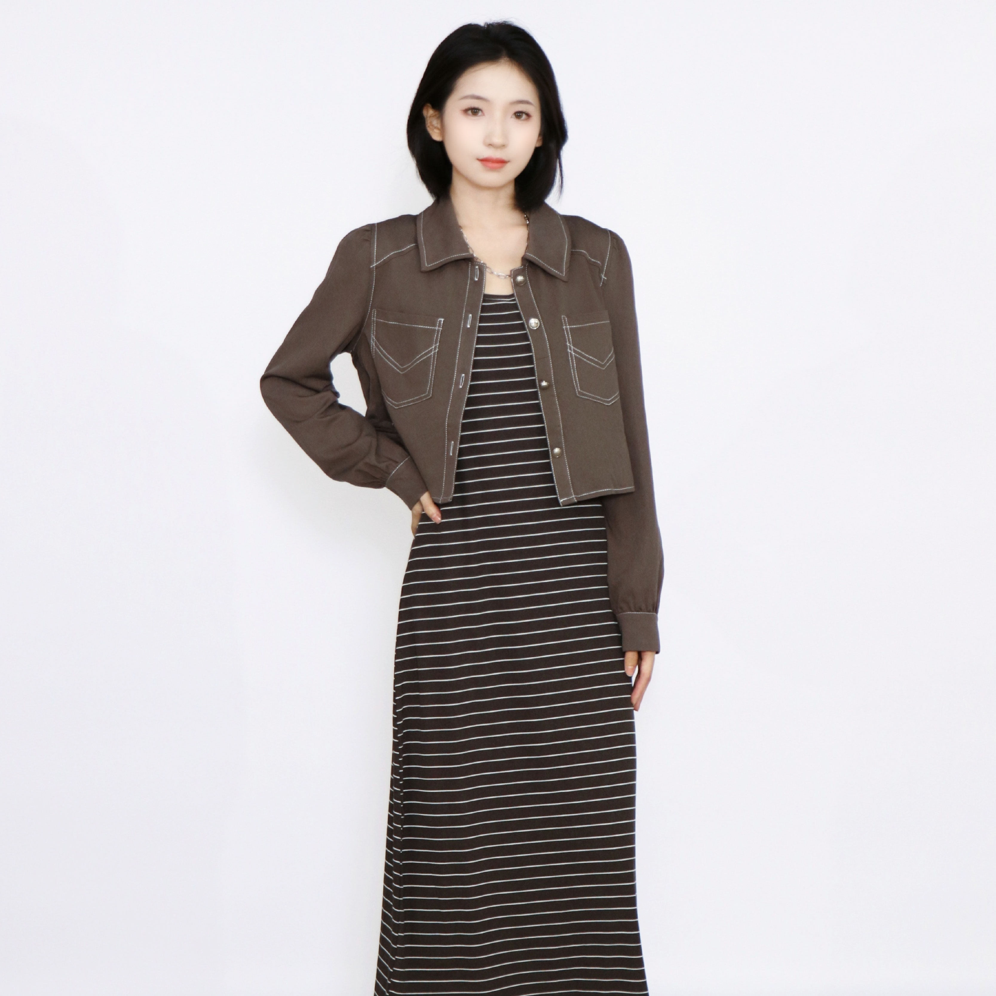 PATAVINITY休闲牛仔衬衫外套套装女秋季条纹减龄吊带连衣裙两件套