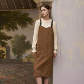 PATAVINITY学院风V型袋盖装 饰牛仔背带裙女秋季 显瘦复古连衣裙