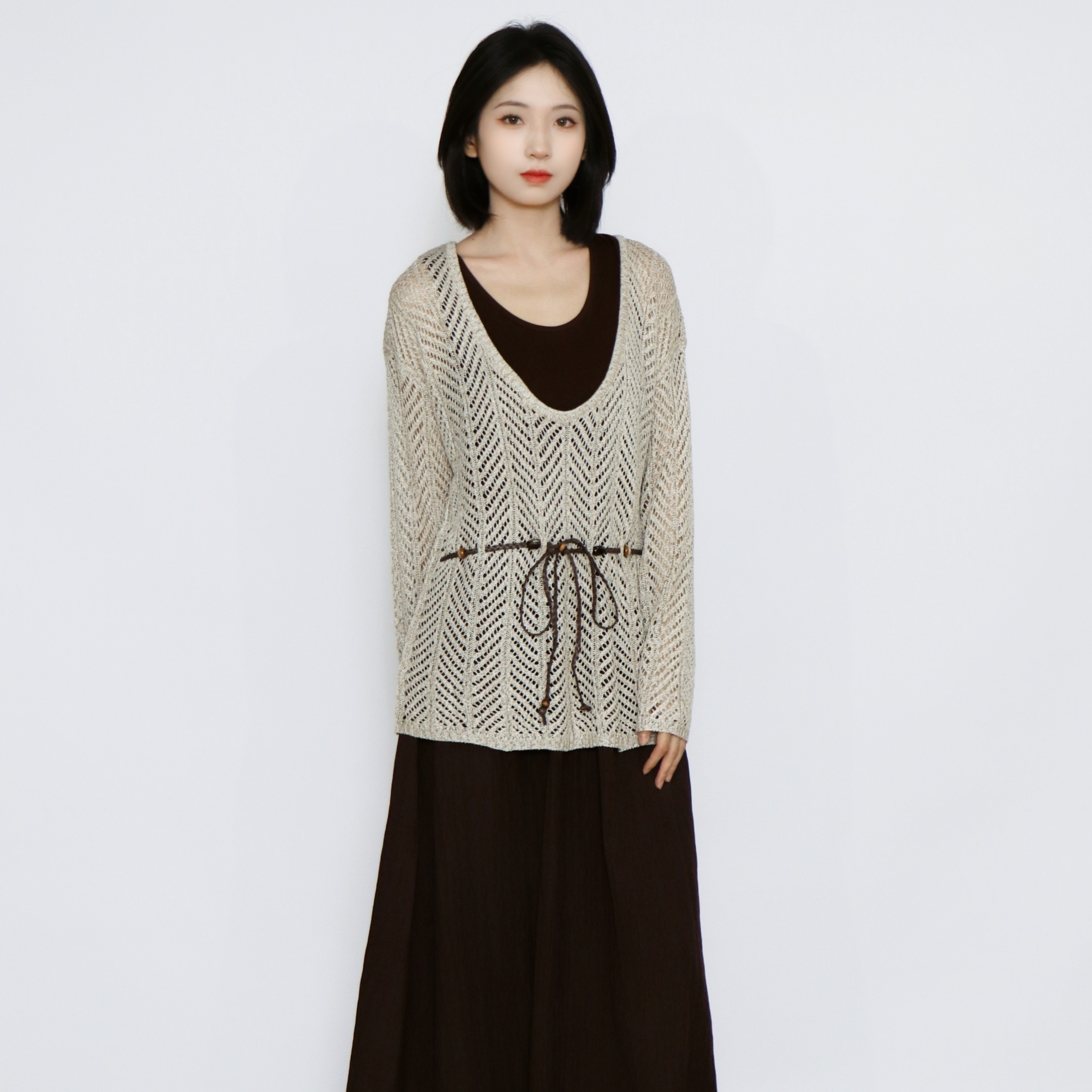 PATAVINITY慵懒针织镂空上衣女秋季背心连衣裙长裙气质两件套套装