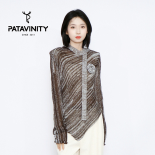 PATAVINITY气质飘带圆领不规则下摆针织衫女秋季显瘦百搭长袖上衣