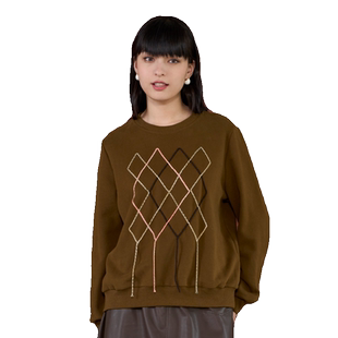 PATAVINITY复古民族风彩绳菱格卫衣女秋冬圆领套头宽松显瘦上衣