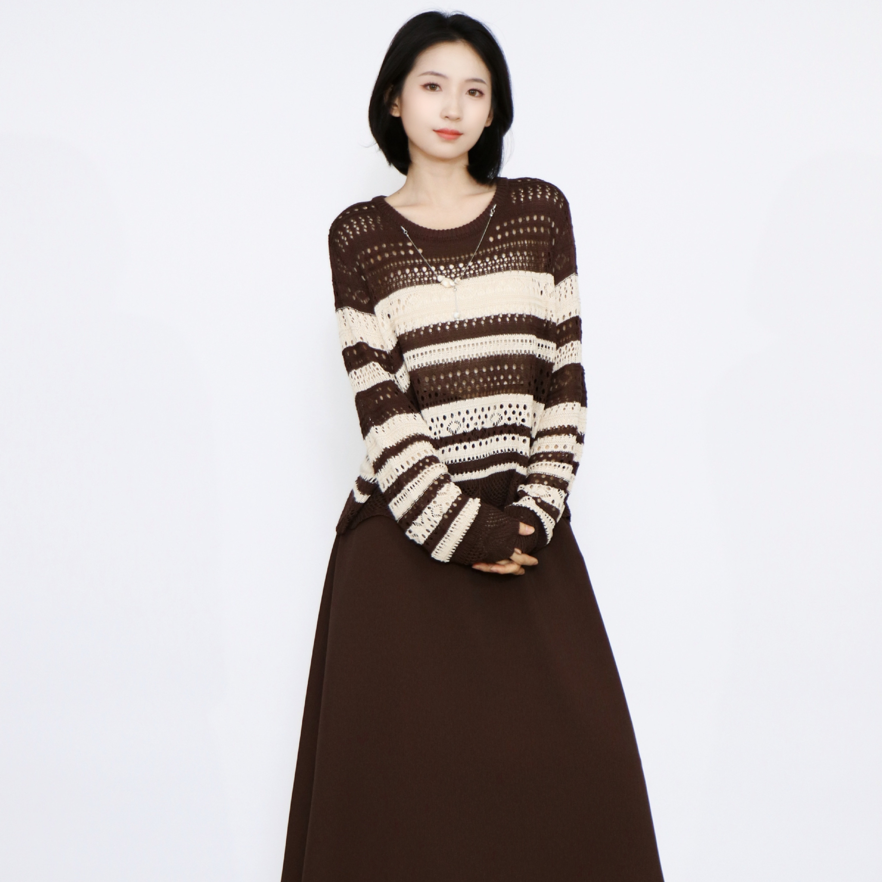 PATAVINITY时尚复古条纹慵懒镂空透气针织衫女秋季两件套半身裙子