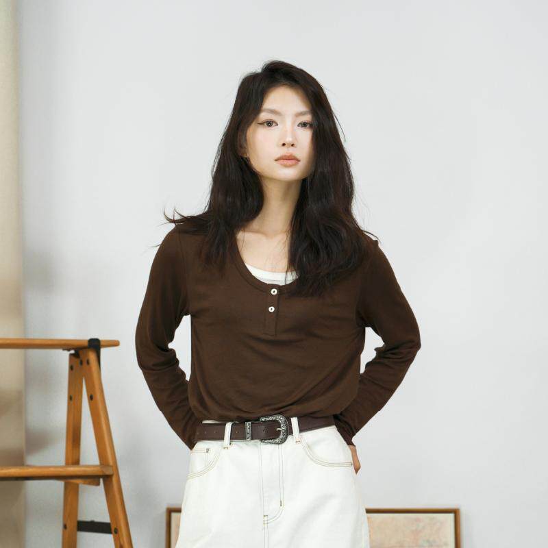 PATAVINITY假两件撞色圆领显瘦百搭长袖T恤女春季绵羊毛打底上衣