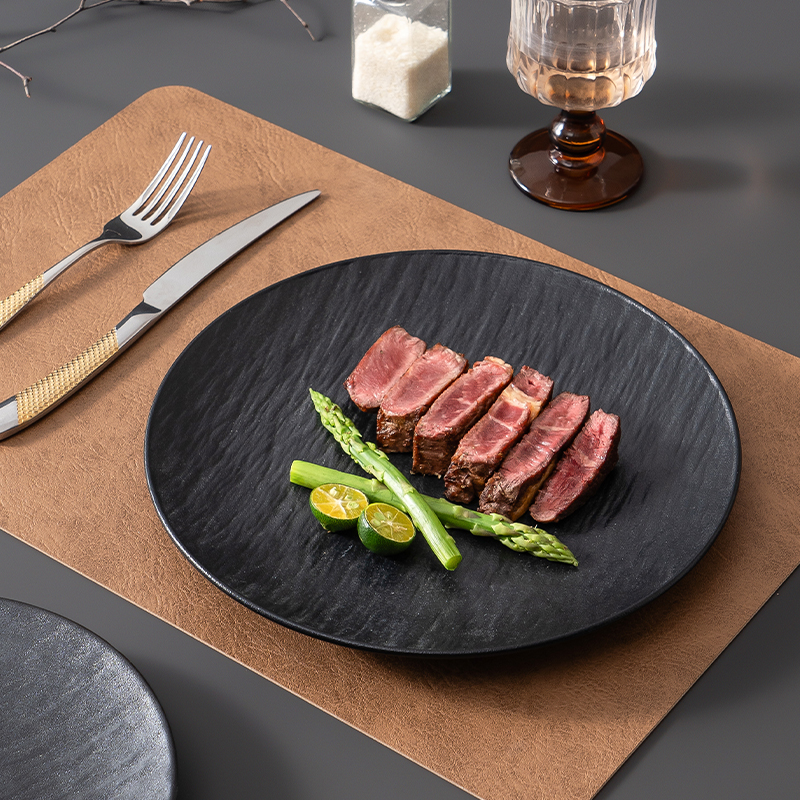 日式石纹西餐盘子带餐垫刀叉套装