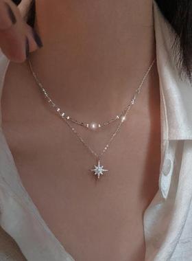sterling Star Moon Double Necklace Women Clavicl