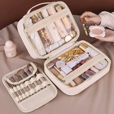 Makeup Bag PU Leather Double Layer Clear Cosmetic Bag Large