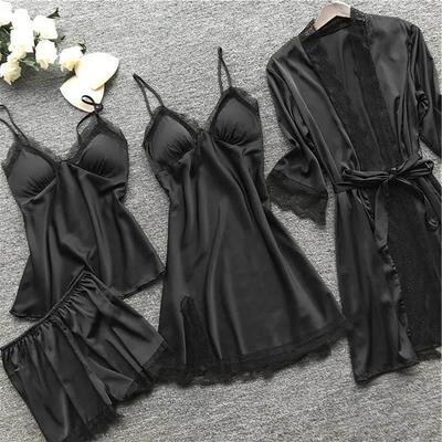 4 Pieces Pajamas Sets Satin Sleepwear Women Silk Nightwear P