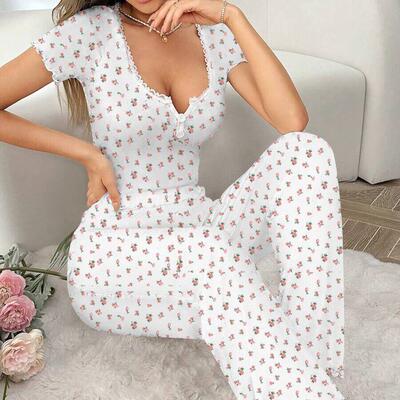 Pajamas floral prints lettuce rolls long pants set women