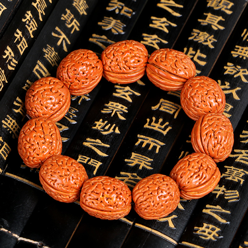 速发高抛精品桃核手串本命年红皮高密矮桩脑纹佛珠正圆蟠桃核