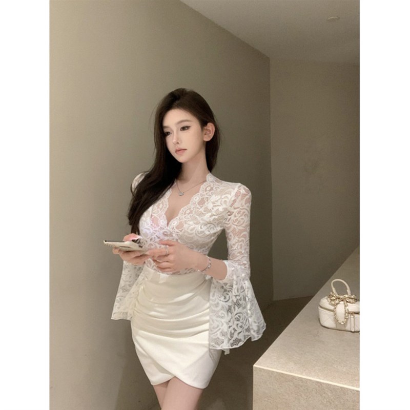 速发法式气质身丝长袖上感新款辣妹性衣装V领t恤半蕾裙套装秋