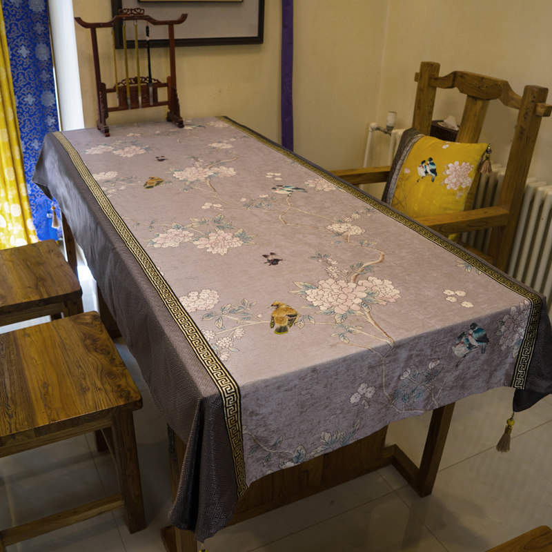 速发桌布餐厅中国风高档黄色花鸟桌布欧式新中式茶几桌布中式台布