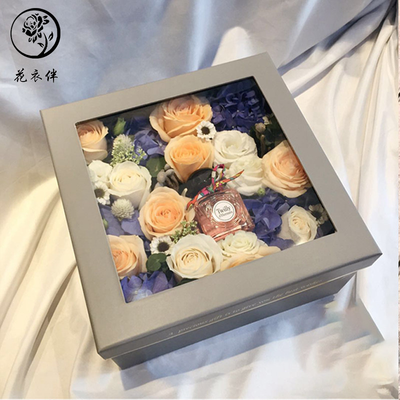 速发七夕花盒正方形透明礼盒开窗哑金线套二方盒方形花盒透明盒