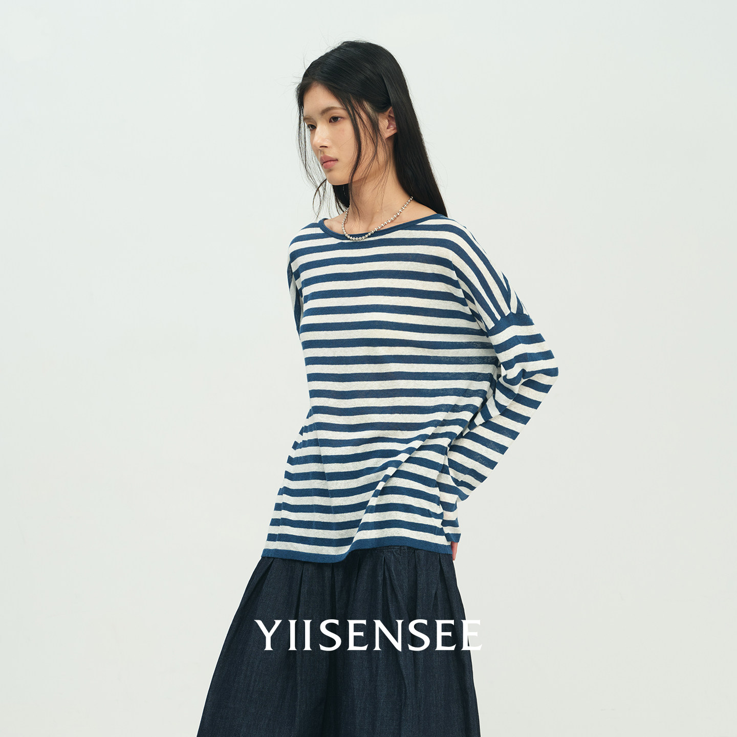 YIISENSEE逸识 法国进口纱线亚麻针织圆领宽松长袖条纹T恤女春秋图片