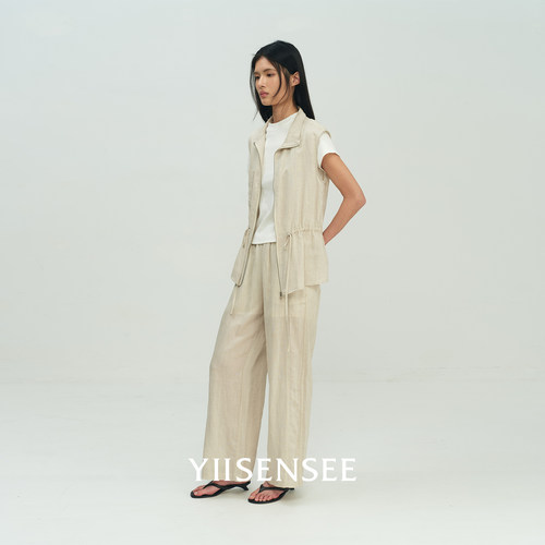 YIISENSEE【蓝屿清风】老钱风天丝亚麻复古马甲休闲拖地阔腿裤女