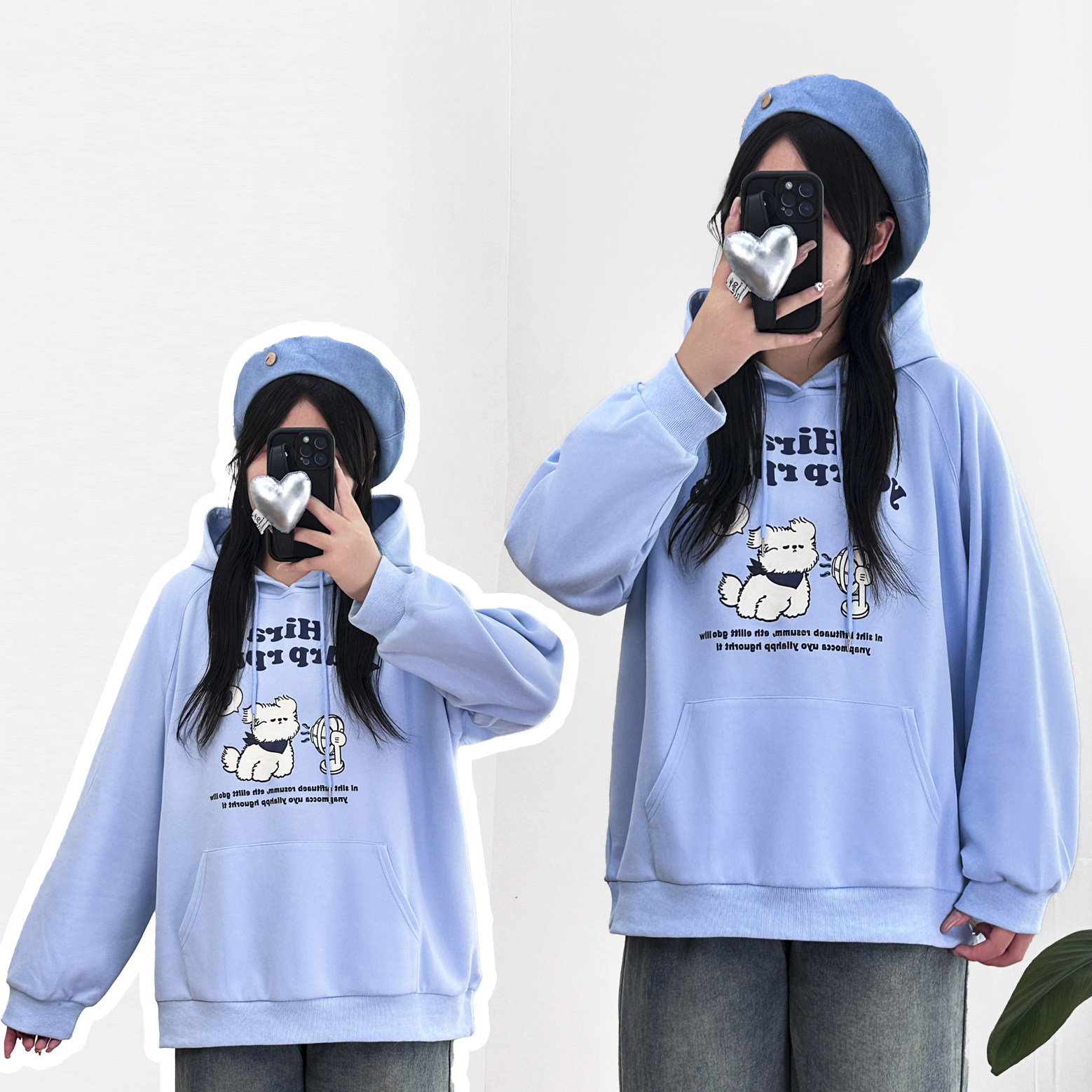 大码女装软萌小狗印花连帽加绒卫衣女秋冬宽松显瘦加肥加大码上衣
