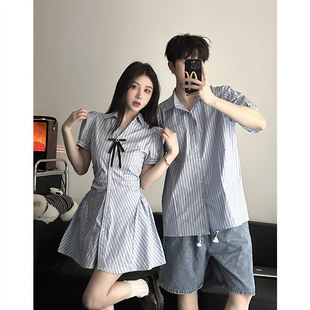 夏季 韩版 短袖 一裙一衣ins潮 小众设计感情侣装 衬衫 男女连衣裙法式