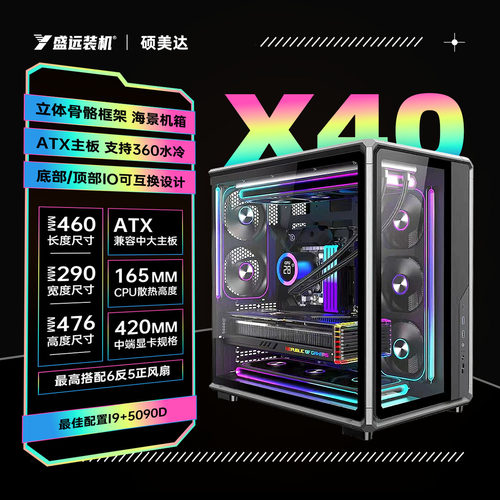 硕美达X40海景房机箱骨骼框架双透台式机io可互换ATX背插360水冷