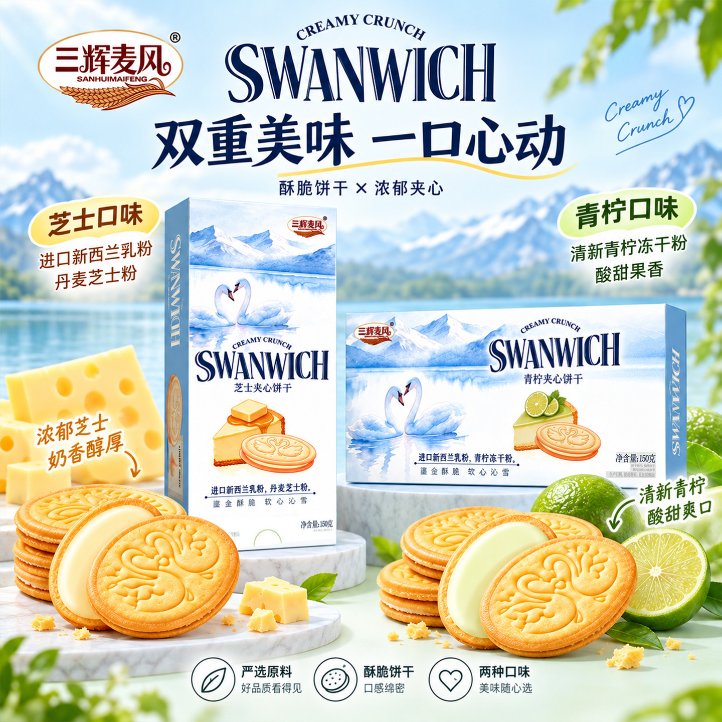 三辉麦风饼干青柠夹心薄脆香水柠檬150g零食独立包装小吃礼盒芝士