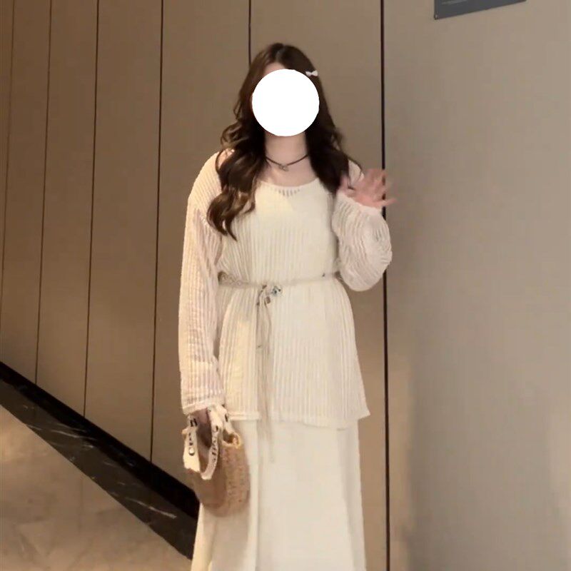 速发大码梨形身材连衣裙夏季遮吊带肚子长裙子针织上衣套装