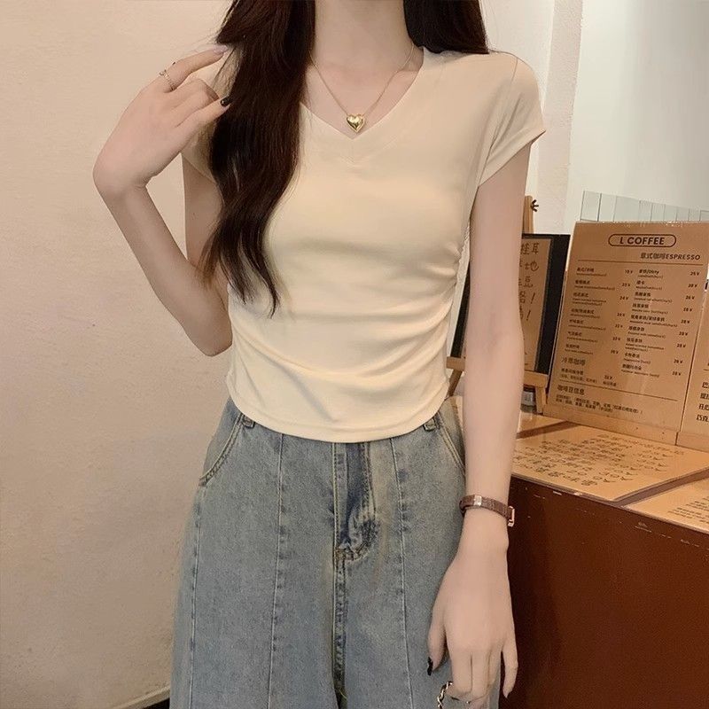 现货速发辣妹V领打底衫内搭早春夏装紧身T恤小个子短款半袖上衣