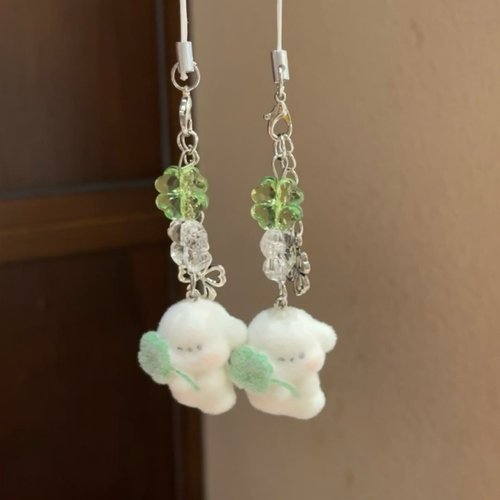 超萌四叶草小狗挂件植绒手机链