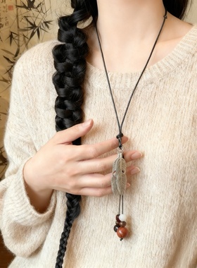 新中式复古羽毛银杏叶项链配饰品
