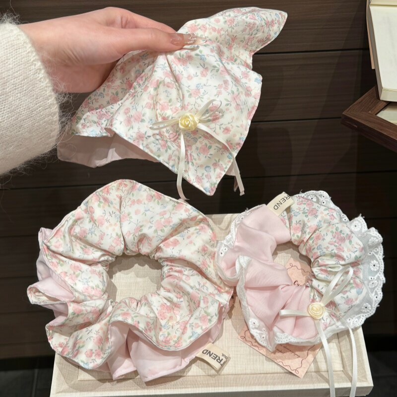 清新碎花大肠发圈粉黛玫瑰蝴蝶结高弹力皮筋发绳甜美百搭方巾发饰