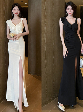 时尚高级单肩晚礼服会所K歌足浴技师工衣性感修身显瘦开叉连衣裙