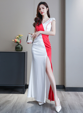 性感修身礼服长款按摩技师工衣夜场足浴SPAK歌气质显瘦拼色