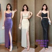 性感风无袖 吊带晚礼服女高腰开叉长裙宴会高级感气质连衣裙