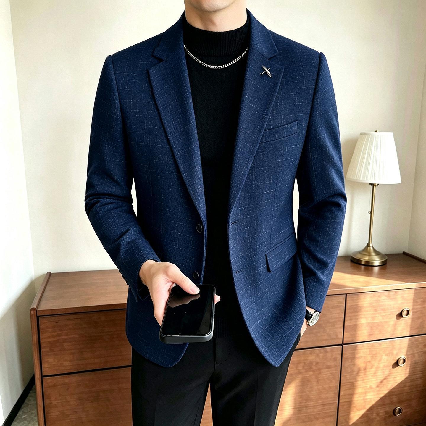 秋季新款男士格纹西装外套男青年韩版修身潮流百搭休闲单西服上衣