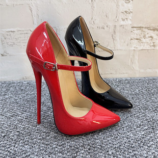 14/16厘米细跟红底一字扣横带尖头高跟鞋淑女漆皮角色反串大码鞋