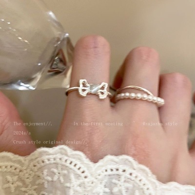 猫眼石蝴蝶结开口珍珠戒指女ins小众轻奢高级感食指戒甜美指环潮