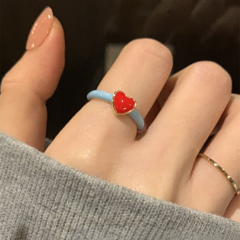 太温柔~红色爱心撞色戒指女ins小众设计感滴釉指环2025新款手饰潮
